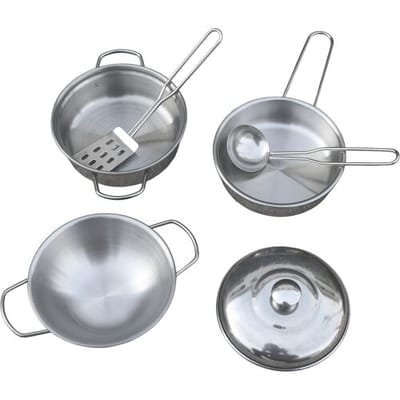 AXI 6-delige Speegoed Kookset van Metaal – Kinder Kookgerei met Pot, Pan met Deksel, Schaal, Lepel en Spatel – Speelkeuken Accessoires vanaf 3 Jaar