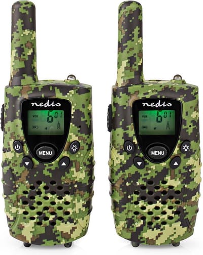 Nedis Walkie talkie Set - 2 Handsets - Tot 8 km - Frequentiekanalen: 8 - PTT / VOX - tot 2,5 uur - Koptelefoonoutput - 2 Headsets - Inclusief reiskoffer - Groen