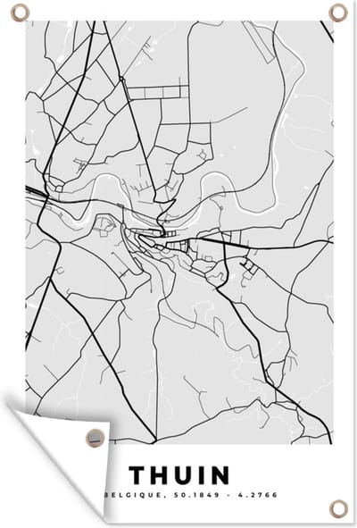 Muurdecoratie België – Thuin – Stadskaart – Kaart – Zwart Wit – Plattegrond - 120x180 cm - Tuinposter - Tuindoek