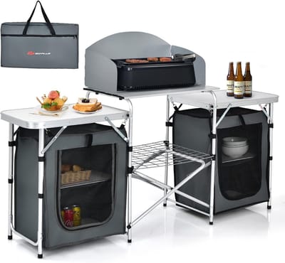 Opvouwbare campingtafel - Outdoor kookstation - Barbecue en feest - Met opbergruimte - 172 x 110 cm - Grijs