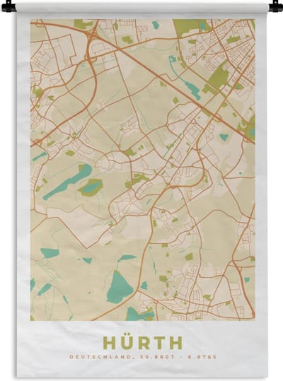 Wandkleed - Wanddoek - Kaart - Hürth - Plattegrond - Vintage - Stadskaart - 120x180 cm - Wandtapijt
