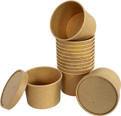 KURTT - 100x Soepbekers met deksel - 350ml - kraft soepbeker - 12oz - catering - take away - 115x89x64 mm