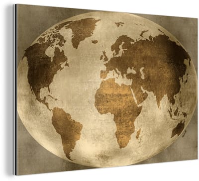 Aluminium schilderij 150x100 cm - Wanddecoratie metaal - Wereldkaart - Wereldbol - Vintage - Metalen muurdecoratie woonkamer - Decoratie industrieel - Foto op dibond - Industriële accessoires slaapkamer