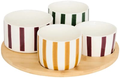 5Five Serveerplank acacia hout - met 4x luxe schaaltjes - D25 cm - tapas en saus schaaltjes - kleuren mix wit/kleuren - hapjes plateau - rond