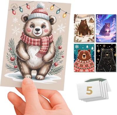 Inspra Studio – Luxe Kerstkaarten met Enveloppen – 5 Stuks – Dieren Wenskaarten Collectie – Mix van 5 Unieke Illustratiestijlen – Beer