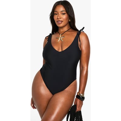 boohoo Dames Plus Feather Charm Rugloos Badpak | Black | Maat: 26