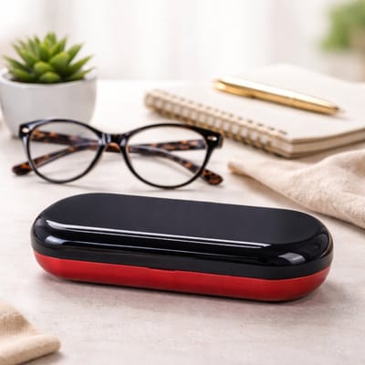 Metalen brillenkoker / glanzend, tweekleurig design, donkerblauw donkerrood / cadeau voor dames en heren / Aland optiek