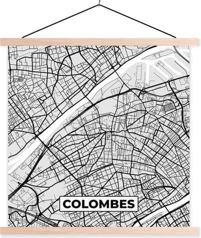Posterhanger incl. Poster 40x40 cm - Schoolplaat - Plattegrond - Colombes - Stadskaart - Kaart - Frankrijk - Textielposter - Blanke latten - Stadskaart