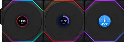 Lian Li UNI FAN TL Wireless ARGB Reverse Blade LCD Black 3-In-1 - 3-pack - 120mm - 54 cfm - 350 - 1900 rpm - 31 dBA - 4-pin PWM - Incl. LCD scherm - Incl. L-Wireless Controller - zwart