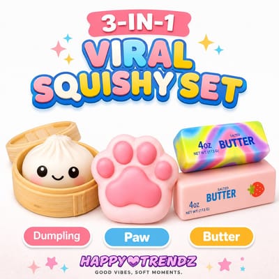 Happy Trendz® | 3-in-1 Squishy Kawaii Set – Dumpling, Taba Hondenpoot & Frietjes – Anti Stress Speelgoed – Fidget Toy – Bun Squishy Dumpling in luxe doosje - TikTok Trend