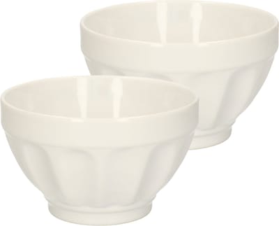 5Five Soepkommen/schaaltjes - 2x - Colorama - keramiek - D14 x H9 cm - ivoor wit - Stapelbaar - Ribbels decoratie