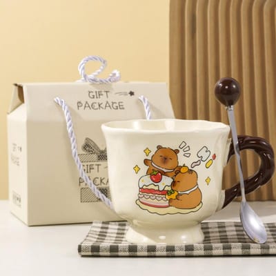 Boeddhistische Kapibala Keramische Beker Hoge-Mooie Capibara Mok met Lepel Leuke Studenten Waterbeker Koppel Souvenir 301-400ml brown