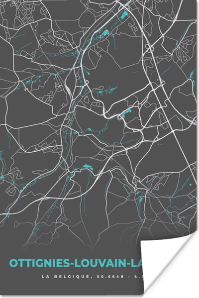 Poster België – Ottignies Louvain la Neuve – Stadskaart – Kaart – Blauw – Plattegrond - 120x180 cm XXL