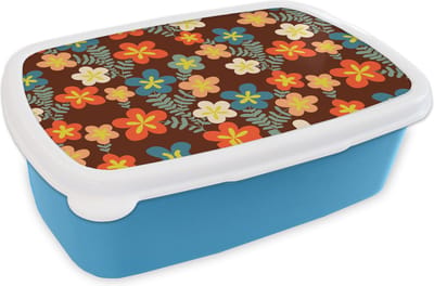 Broodtrommel Blauw - Lunchbox Retro - Patronen - Bloemen - Jaren 70 - Brooddoos 18x12x6 cm - Brood lunch box - Broodtrommels voor kinderen en volwassenen