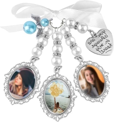 Huwelijksfoto Bouquet Pendant met 3 Fotoramen, Ovalen Cabochons en Strik voor Bruidsboeket, Ideaal voor Bruiloft en Bruidsdouche, Stijlvol en Elegant Accessoire