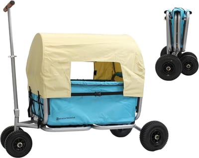 Opvouwbare Bolderkar - Handwagen Inklapbaar - Buitenshuis Transport - Met Parkeerrem Zonnekap - 66x55x137cm - Lichtblauw