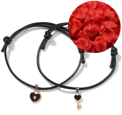 Hartjes & Sleutel Armband Set + Rozenblaadjes = Valentijn Cadeautje voor Hem en Haar - Valentijnsdag - Valentijn Cadeautje voor Mannen