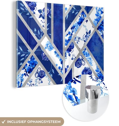 MuchoWow® Glasschilderij 40x30 cm - Schilderij acrylglas - Delfts blauw - Design - Abstract - Foto op glas - Schilderijen