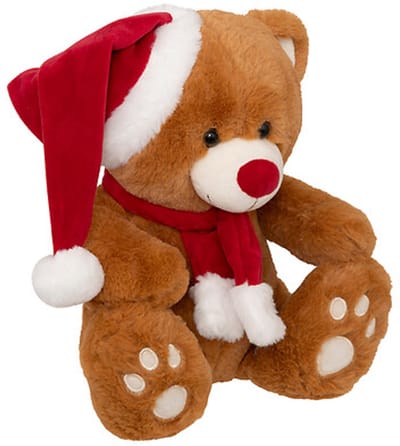 Feeric lights & Christmas Knuffel kerstbeer - met kerstmuts - 34 cm - pluche - kerstknuffel beer - knuffelbeer