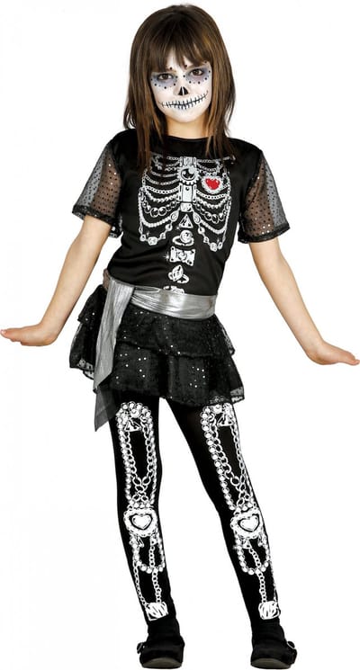 Carnavalkostuum Halloween skelet jurkje met glitters - voor meisjes - zwart 110/116