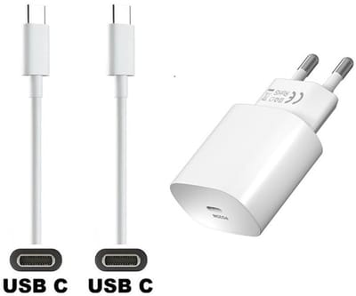 OneOne 25W super snellader en screenprotector van glas voor iPhone 15 en iPhone 16. Oplader met sterke 0,5m USB C naar C kabel. Krachtige witte PD PPS lader adapter. Screenprotector past op Apple iPhone 15, iPhone 16