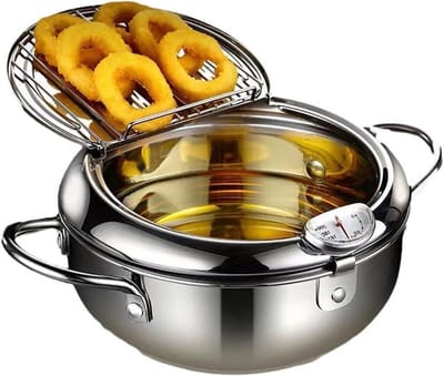 Roestvrijstalen Frituurpan - Tempura Pan Friteuse - Thuis Frituren - Met Deksel Thermometer - 27x27x13 cm - Zilver