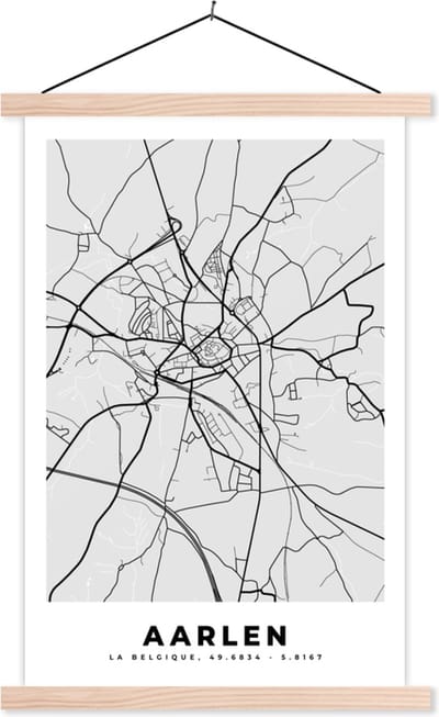 Posterhanger incl. Poster 40x60 cm - Schoolplaat - Zwart Wit – België – Plattegrond – Stadskaart – Kaart – Aarlen - Textielposter - Blanke latten - Stadskaart