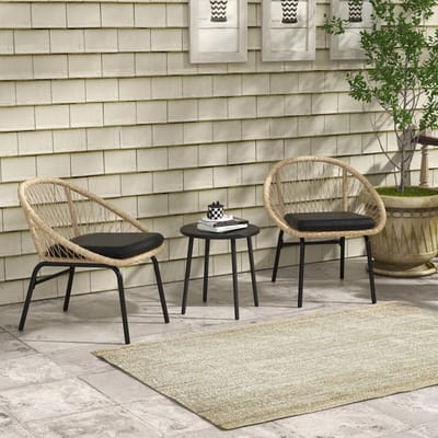 MODFU - 3-Delige Rotan Tuinmeubelset - 2 Stoelen Met Armleuningen En Ronde Tafel - Stalen Tafelblad - Geel