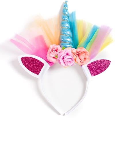 KIMU® Eenhoorn Haarband Blauw Regenboog Tule - Unicorn Diadeem Oortjes Bloemen - Blauwe Hoorn Bloemetjes Roze Paars Festival