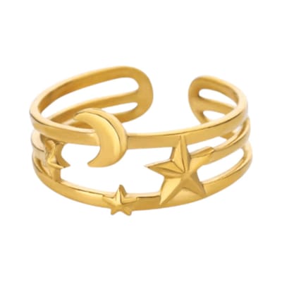 Aramat Jewels | Ringen | Open Ring RVS met Drie Sterren en Maan (9 mm) | Goudkleur | |8mm | Staal | Volwassenen | Verkleurd niet