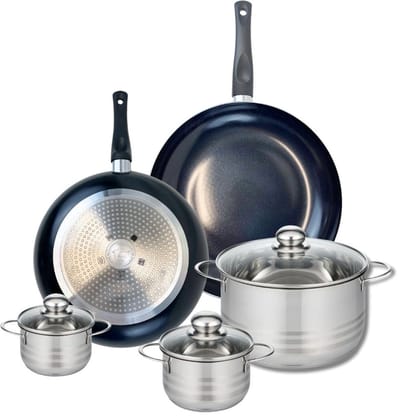 Set van 2 Koekenpannen 28 en 32 cm en 3 kookpotten 12, 14 en 24 cm Elo Prima Glanzend
