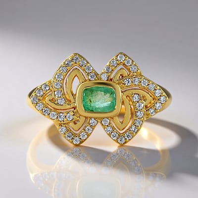 Cavill - Elegante zilveren ring met Colombiaanse smaragd 0,321 ct en Cambodjaanse zirkonia's pavé - Verguld 925 zilver - Antiek geslepen bloemenring
