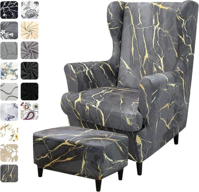 3-delige Stretch Stoelhoes Set voor Wing Chairs met Pouf - Beschermende Hoes voor Hoge Rugleuning en Armleuningen in Grijs-Goud