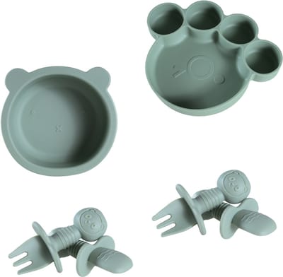 Sproudsy Serviesset Teddy Bear - Kinderservies - Kraamcadeau - Baby - 4-delig - Forest Green