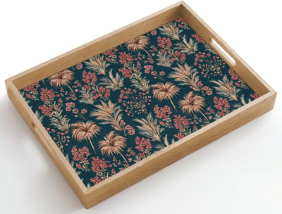 Dienblad hout 50x35 cm - Schootdienblad - Botanisch - Patroon - Blauw - Borrelplank rechthoek - Plateau dienbladen