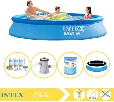 Intex Rond Opblaasbaar Easy Set Zwembad - 305 x 61 cm - Blauw - Inclusief Solarzeil - Onderhoudspakket - Zwembadfilterpomp - Filter - 5-delig