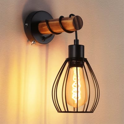 NETTLIFE Wandlamp - Hout - E27 Fitting - zwart - 14CM - Vintage Wandverlichting - met Schakelaar - industriële Wandspot - Metaal - voor Woonkamer | Slaapkamer | Gang | Restaurant - Zonder lamp