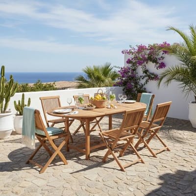 AXI Jadi Teak opklapbare Tuinset – Opklapbare Tafel met 6 Opklapbare Stoelen – Ovale Tafel - Teakhout – Compact Op te Bergen – Met Wielen – Hoogwaardig Tuinset voor Tuin en Terras