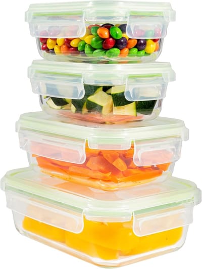 Famanu - Glazen vershoudbakjes, rechthoekig glas meal prep container met deksel, ruimtebesparend voor magnetron en vriezer (set 4, groen)