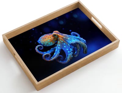 Dienblad hout 50x35 cm - Schootdienblad - Octopus - Stippen - Blauw - Zee - Borrelplank rechthoek - Plateau dienbladen