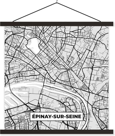 Posterhanger incl. Poster 60x60 cm - Schoolplaat - Plattegrond - Épinay-sur-Seine - Stadskaart - Kaart - Frankrijk - Textielposter - Zwarte latten - Stadskaart
