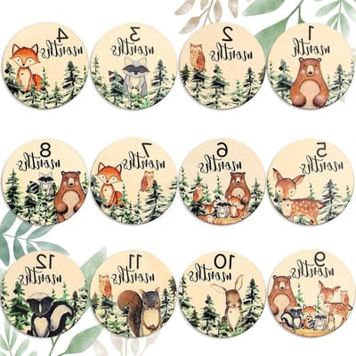 Mijlpaalkaarten voor baby's - 12 stuks houten kaarten 1-12 maanden met dierenpatroon voor babyshower, geboorte en herinneringen