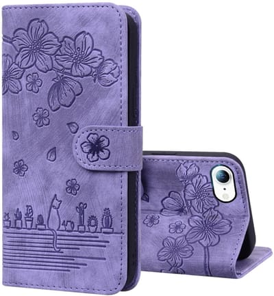 BookCover Hoes Etui geschikt voor Apple iPhone 16e - iPhone 17e - Paars - Bloemen Kat - Reliëf
