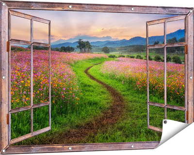 Gards Tuinposter Doorkijk Kosmos Bloemenveld met een Pad - Bloemen - 120x80 cm - Tuindoek - Tuindecoratie - Wanddecoratie buiten - Tuinschilderij
