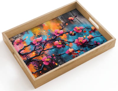 Dienblad hout 40x30 cm - Schootdienblad - Bloemen - Tak - Abstract - Roze - Borrelplank rechthoek - Plateau dienbladen