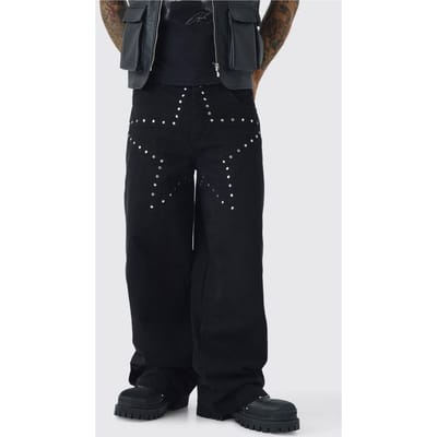 Baggy Fit Rigid Star Studded Jeans | Washed Black | Size 44R