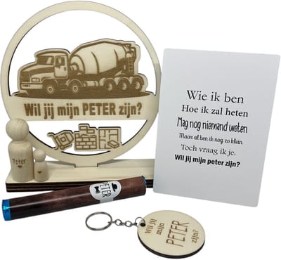 Geschenkbox wil jij mijn PETER zijn? | blauw | BETONMIXER | liefste peter | peter vragen | meter worden | peetoom vragen | peetoom worden | cadeau | geschenkdoos | giftbox