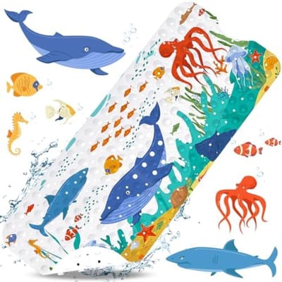 PromoHome Antislip Kinderbadmat 100 x 40 cm - Zeebodempatroon met 200 Zuignappen - BPA-vrij - Machinewasbaar - Veilige Douchemat voor Badkamer en Douche