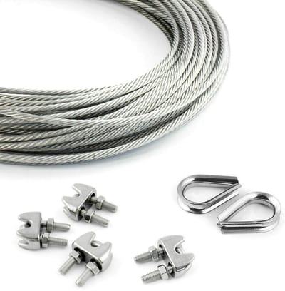 DQ-PP STAALKABEL SET - 3 mm - 100 m - 4 x Kabelklemmen 3 mm - 2 x Kousen 3 mm - Roestvrij Staal INOX - 7x7 Middelzacht - Staalkabel voor Klimhulp Roestvrij Staalkabel Staaldraad Bosbouwkabel Lierkabel