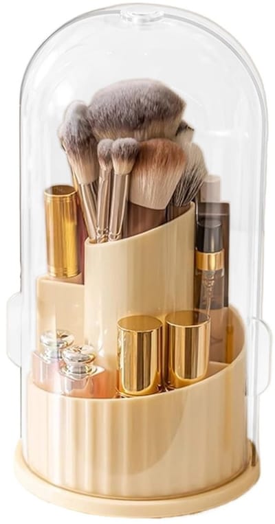 Peysaitr - Make-upborstel organizer - draaibare opbergdoos met deksel - stof- & vochtbestendig - cosmetica houder voor kaptafel - crèmegeel - 23,5x12cm - 1 stuk
